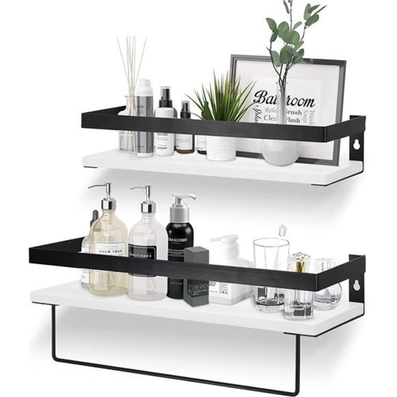 Bathroom Floating Shelves for Wall, White Wall Storage Shelves with Towel Bar - Picture 1 of 6